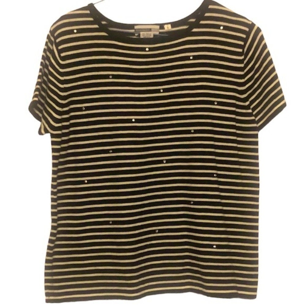 🌞 Stonebridge Sport black & white stripes rhinestones short sleeves top women L